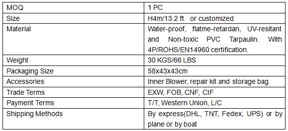 Specification of inflatable t-shirt