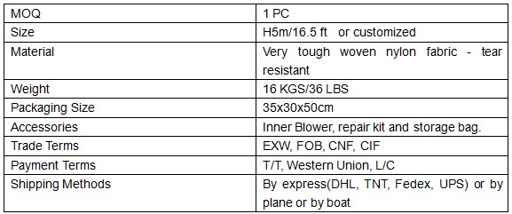 specification of inflatable beer bottle