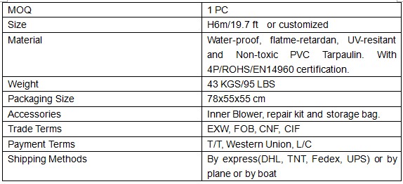 Specification of giant inflatable dinosaur